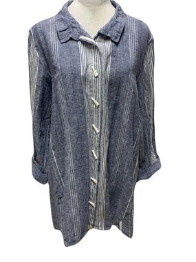 NWT Ali Miles XL Blue & White Striped Toggle Button-Down Shirt Art to Wear
